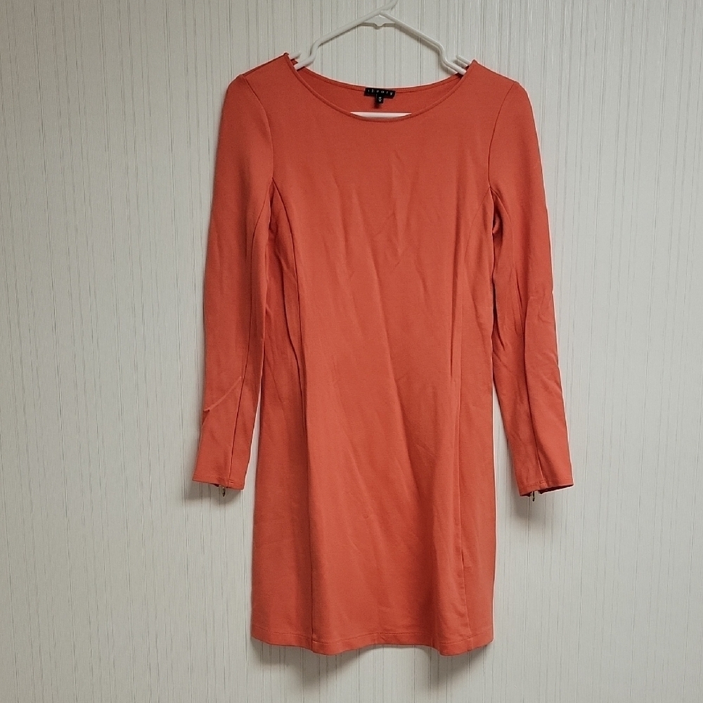 Theory Kalion Pryor Bodycon Long Sleeve Coral Scoop Neck Dress Medium Womens